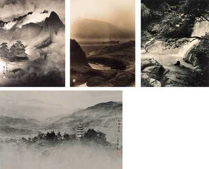郎静山 仙山楼阁 夕阳归舟 仙塔云柱 临流独坐（四件）